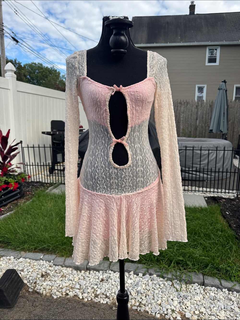 Sheer Lace Pink Cutout Fit-&-Flare Dress